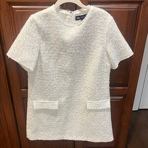 Zara White Sequined Short Sleeve Holiday Dress - Size Medium